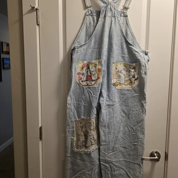 Light Wash Denim Overalls with Whimsical Patch Art - Picture 2 of 8
